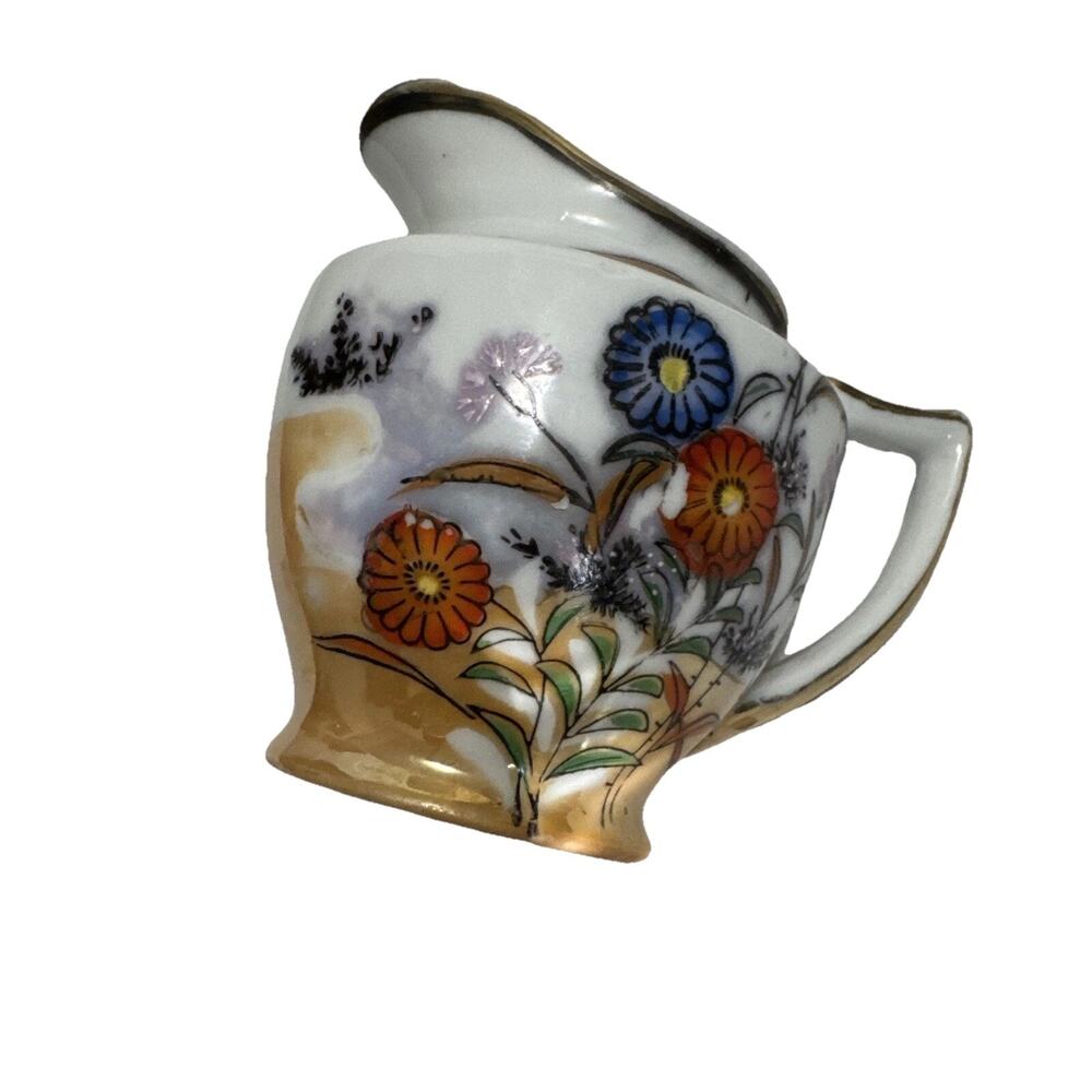 Vintage Hotta Yu Shoten Japan Creamer Orange Blue Luster ware Floral Moriage